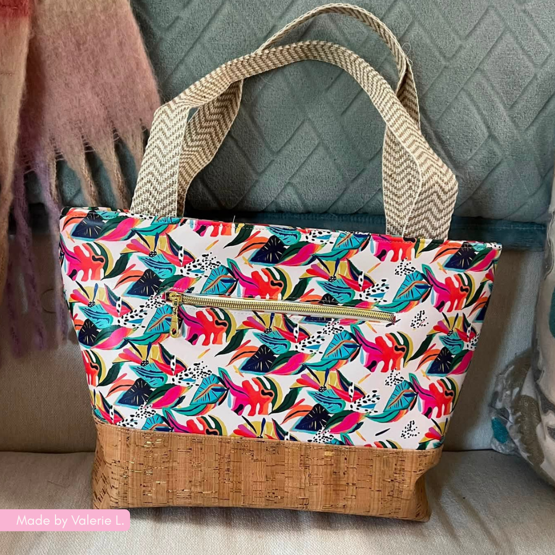 Santorini Tote recessed zipper PDF pattern add-on in bohemian jungle vinly