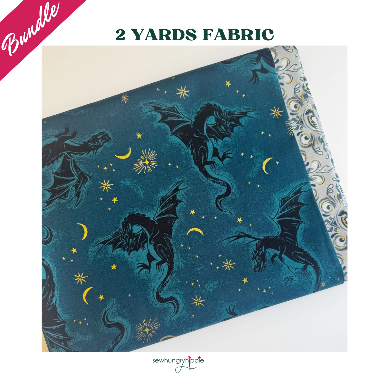 Sew Hungry Hippie 2-yard fabric bundle. The image showcases folded pieces of coordinating quilting cotton, highlighting a deep teal and metallic gold dragon print paired with a metallic gold and silver ornamental paisley fabric.