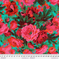 Maximalist floral fabric print featuring large maroon, pink, and coral flowers with dark green leaves on a bright teal background.