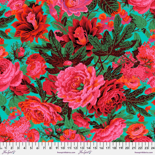 Maximalist floral fabric print featuring large maroon, pink, and coral flowers with dark green leaves on a bright teal background.