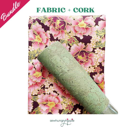 Floral pink and gold Japanese-style fabric paired with sage green natural cork roll, bundled together for bag making and sewing projects.