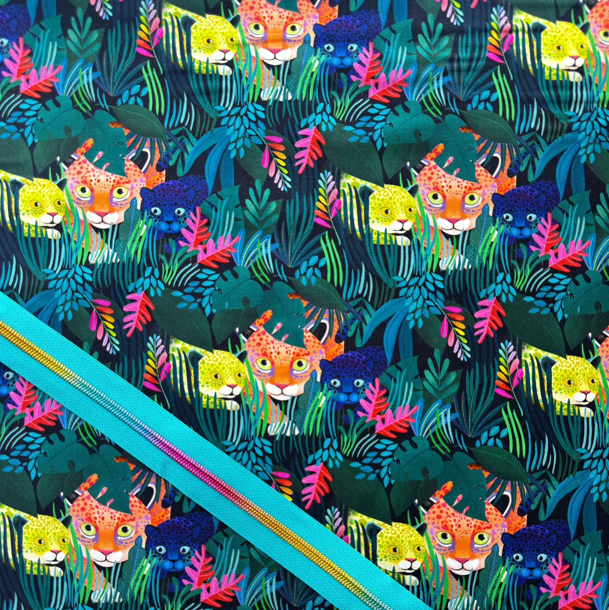 Jaguar Prowl - Multi from the Love Under the Stars collection by Katy Tanis for FreeSpirit Fabrics with coordinating zipper tape