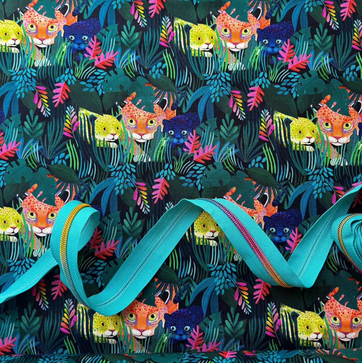 Jaguar Prowl - Multi from the Love Under the Stars collection by Katy Tanis for FreeSpirit Fabrics with coordinating zipper tape