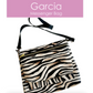 Zebra patterned messenger bag with 'Garcia Messenger Bag' text on a white background