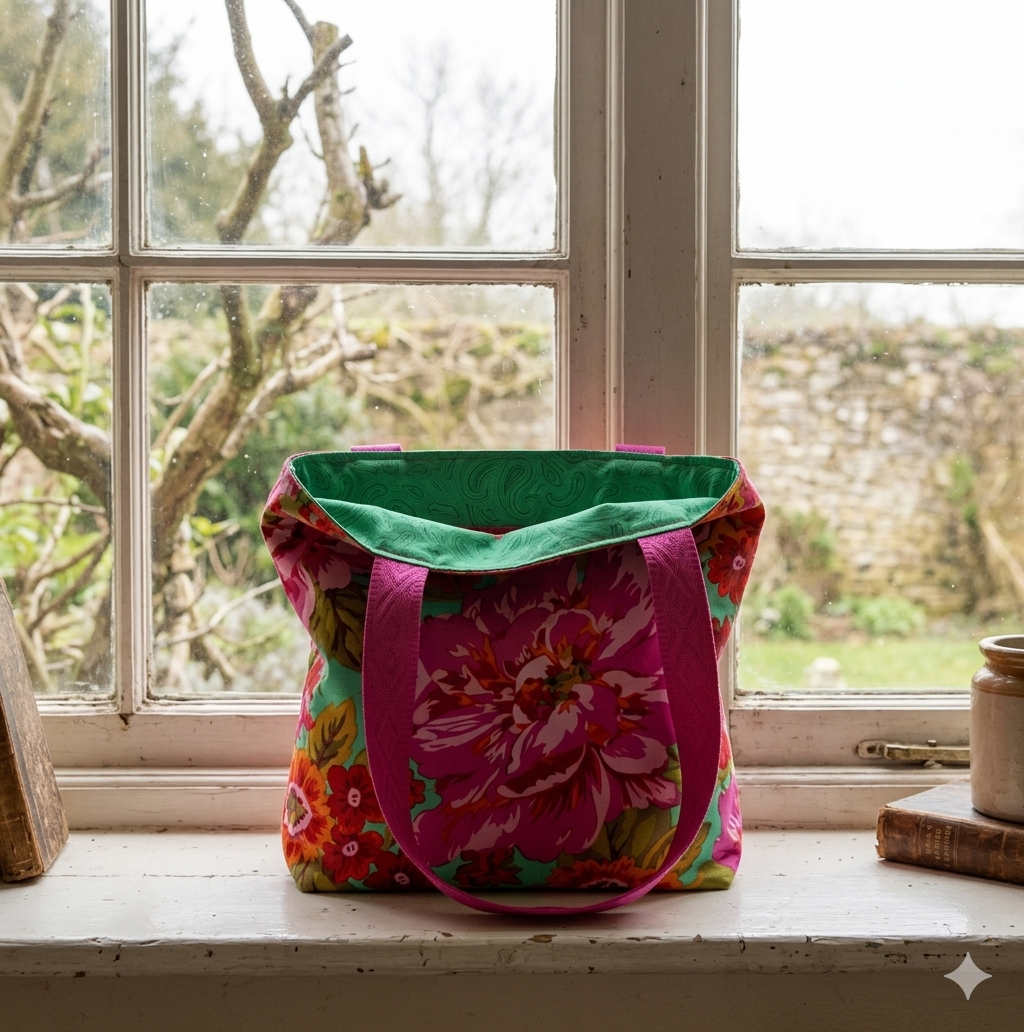 Handmade fabric shoulder bag featuring a teal background with floral patterns, magenta jacquard handles, and a bright green decorative lining.