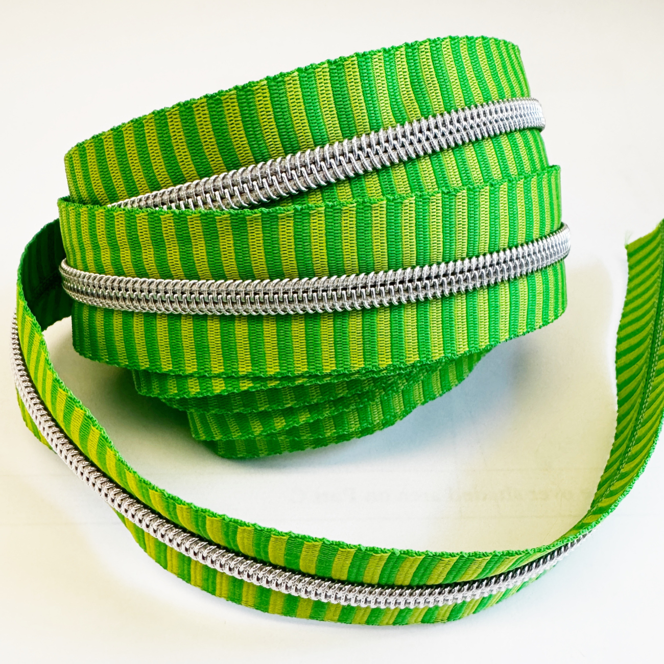 Green Striped Jacquard Woven Zipper Tape – #5 Nylon Continuous Zipper 3 Yards | Silver Teeth