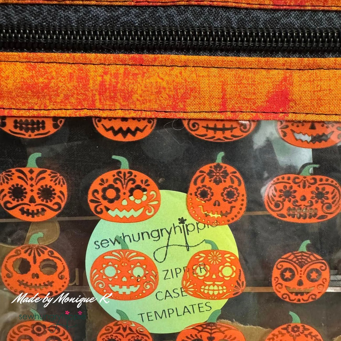 clear vinyl sewing project featuring happy jack o lantern print for pouches and totes