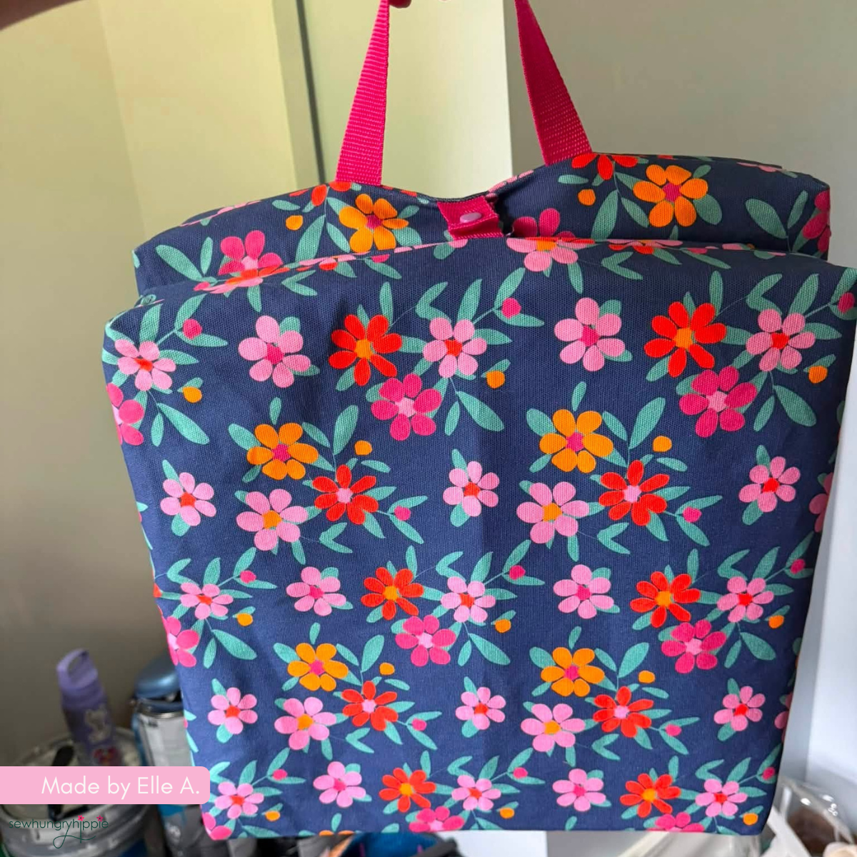 Happy Flowers on Navy Blue Pattern Canvas Fabric 36" x 58"