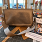 Hendrix Bag flap crossbody in Moonglow Taupe vinyl with leopard print strap, made by Laura F.