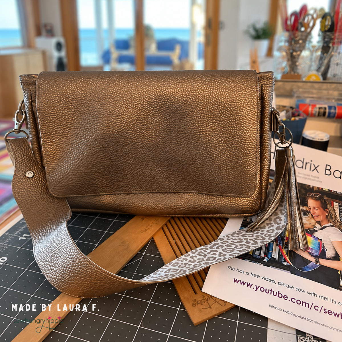 Hendrix Bag flap crossbody in Moonglow Taupe vinyl with leopard print strap, made by Laura F.