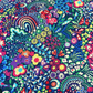 Colorful floral and paisley pattern on a dark blue background