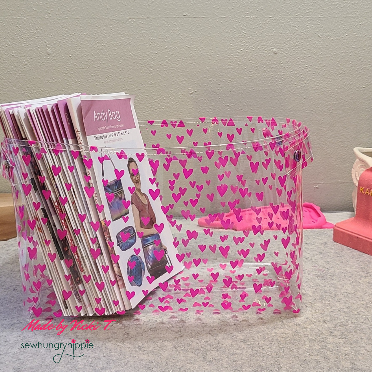 Jazzy hearts clear TPU vinyl fabric hot pink home organizer