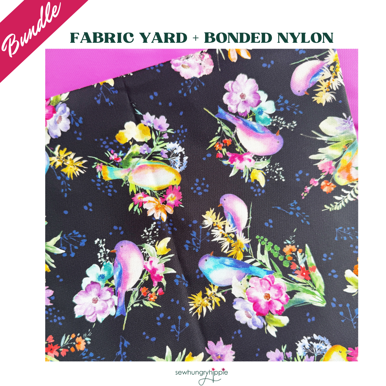 Promotional bundle graphic featuring black bird-and-floral print fabric layered over bright magenta bonded nylon.