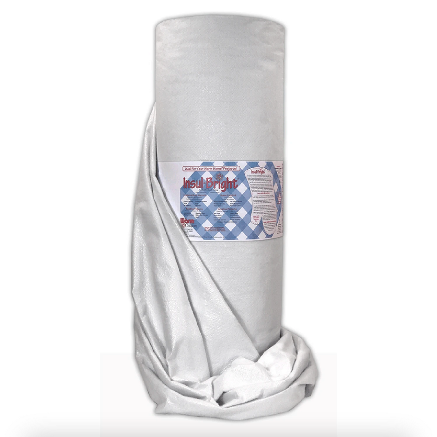 Roll of Insul-Bright insulated material with a blue label with red text on a white fabric