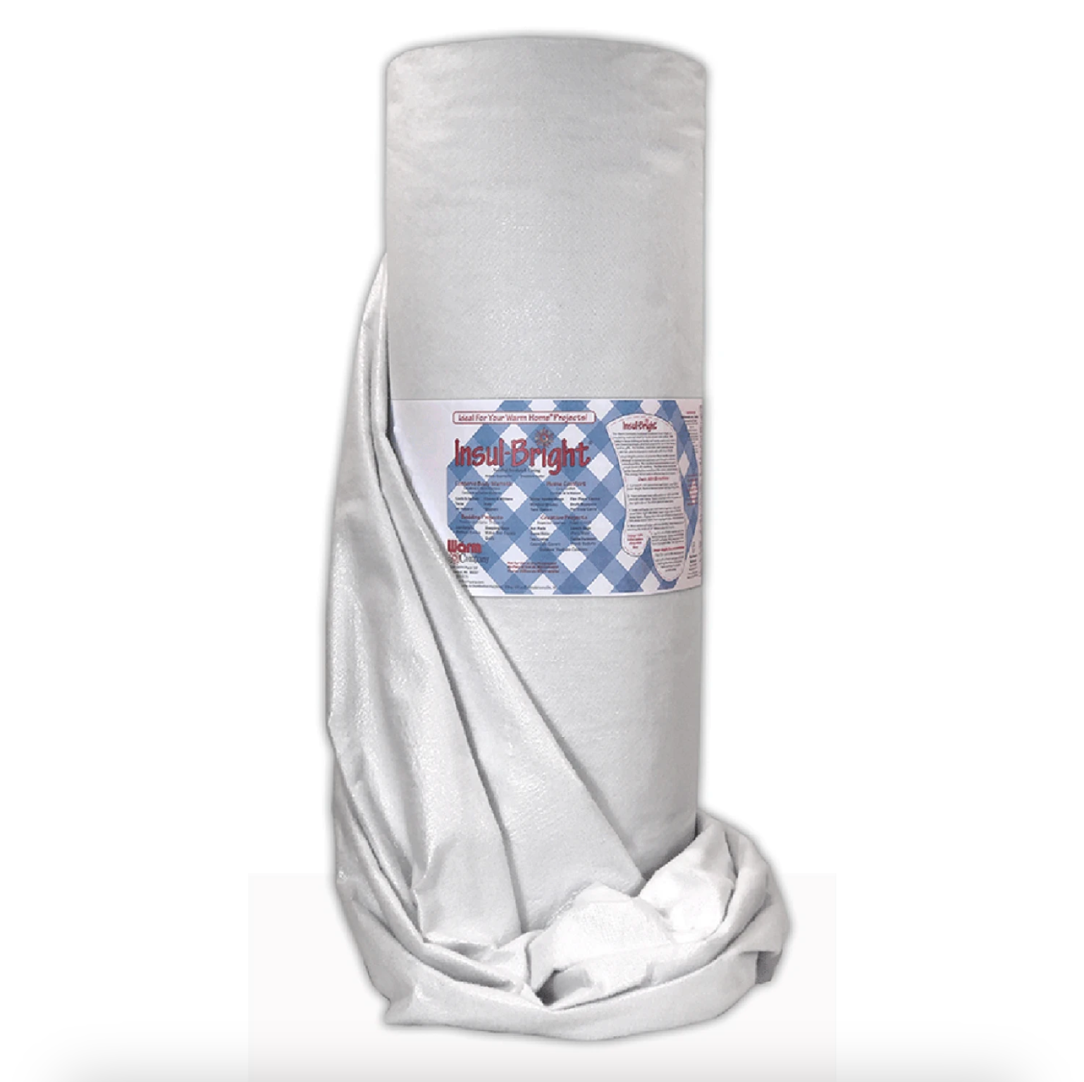 Roll of Insul-Bright insulated material with a blue label with red text on a white fabric