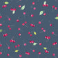 A repeating watercolor-style pattern of red cherries with green leaves on a dark slate blue background.