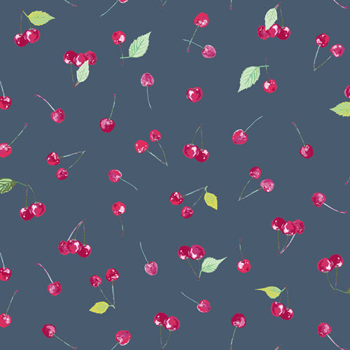 A repeating watercolor-style pattern of red cherries with green leaves on a dark slate blue background.