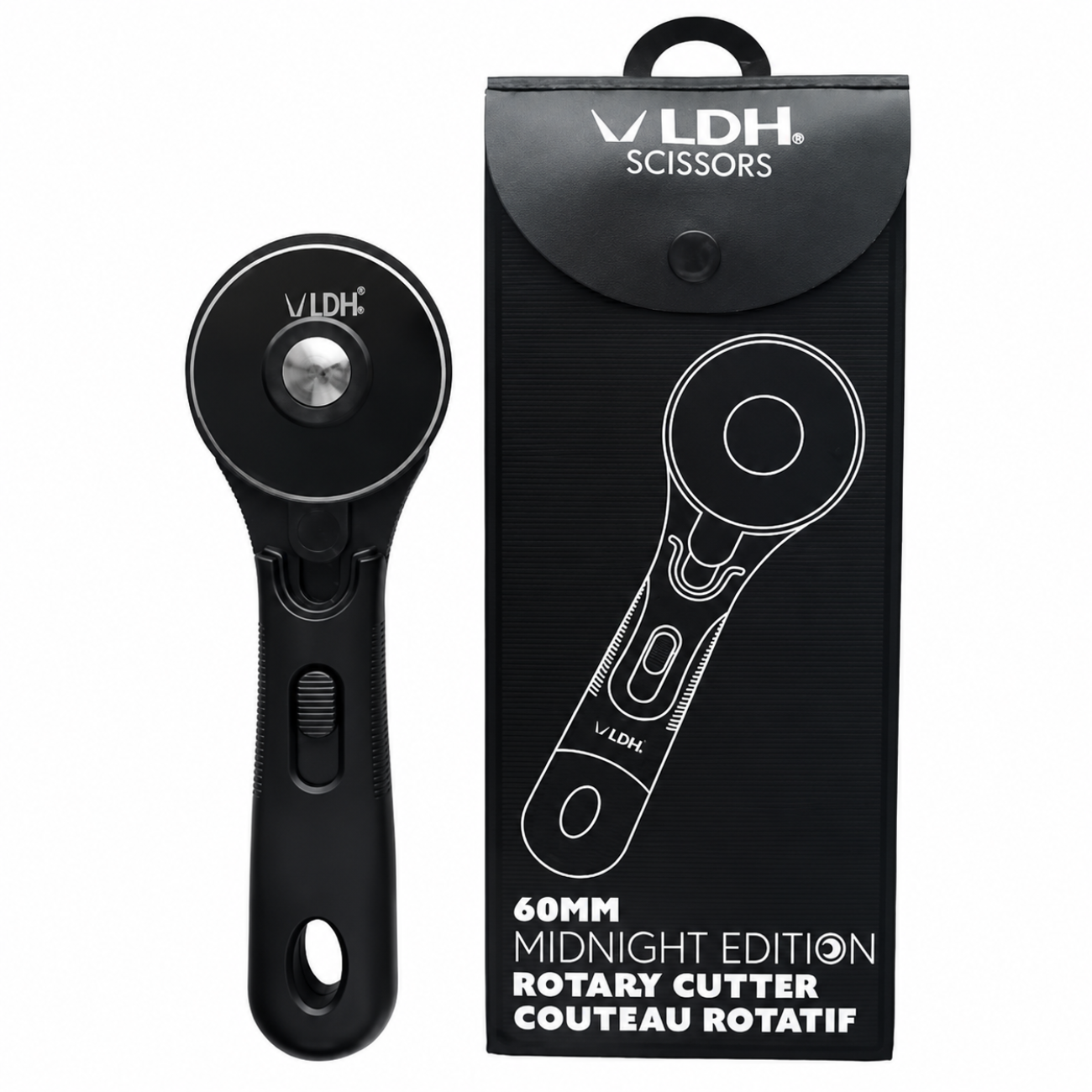 High-definition product image of the LDH Midnight Edition 60mm rotary cutter with ergonomic black grip, silver blade center, and minimalist professional studio lighting.