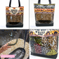 Transparent stadium-style bag featuring various animal patterns like cheetah, zebra, and peacock, with a black reinforced base.