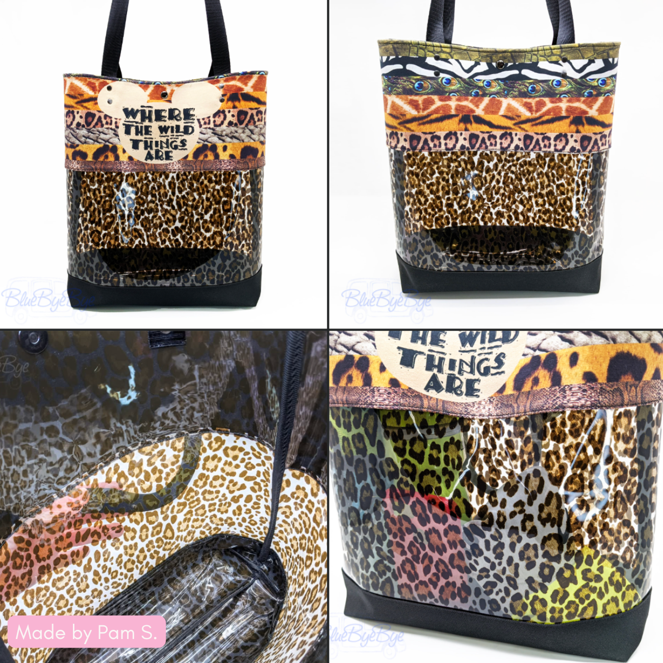 Transparent stadium-style bag featuring various animal patterns like cheetah, zebra, and peacock, with a black reinforced base.