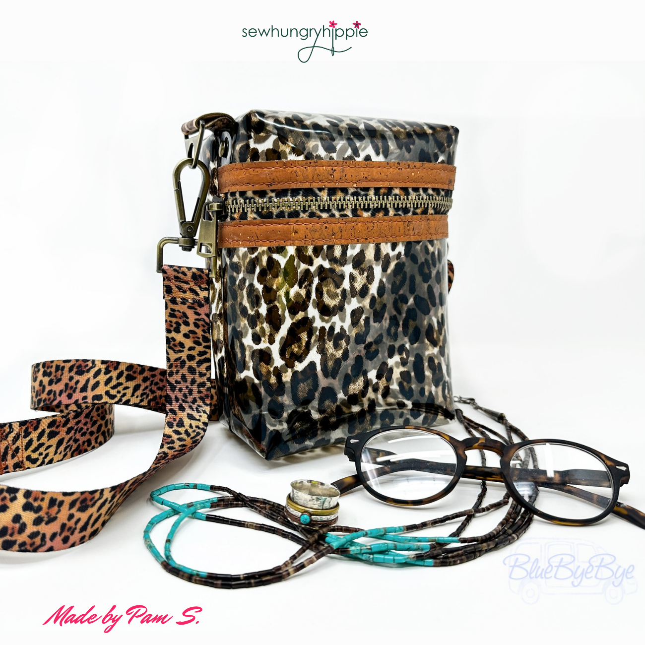 handmade bag using clear vinyl with caramel and chocolate leopard print
