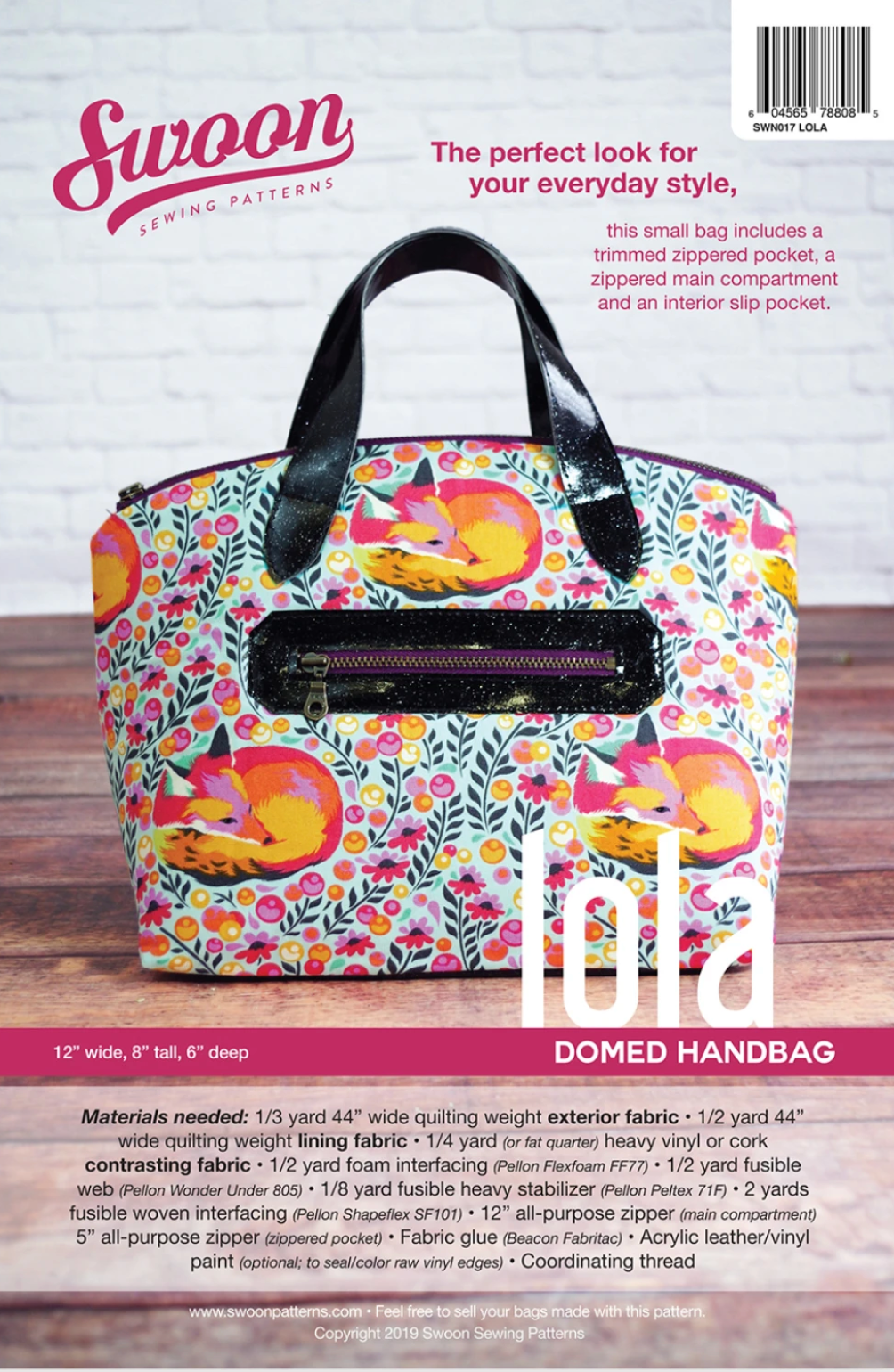 Swoon sewing pattern cover for the Lola Domed Handbag with floral and fox design on a white background.