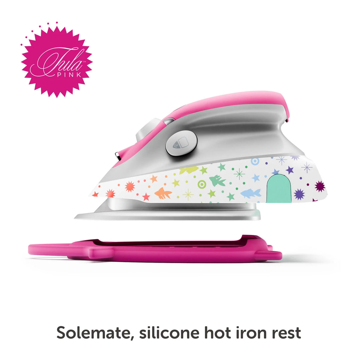 Mini Oliso Tula Pink iron with its pink Solemate silicone hot iron rest
