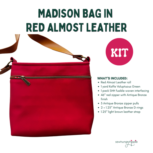 A promotional image for a sewing kit titled "MADISON BAG IN RED ALMOST LEATHER KIT" by Sew Hungry Hippie