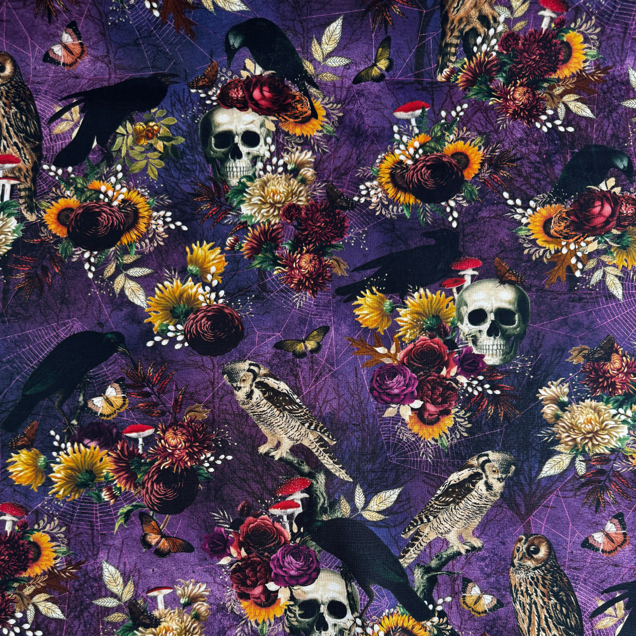 Midnight Purple Dreadful Delights fabric by Robert Kaufman featuring whimsical Halloween-themed design on a deep purple background, quilting cotton for sewing, quilting, and bag making projects.