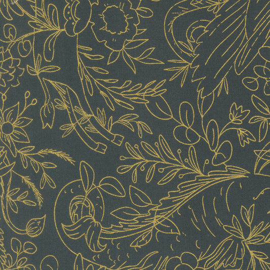 Sunlit Ruins Metallic Dusk Fabric Dark Blue Floral Novelty by Jessica Rose Moda