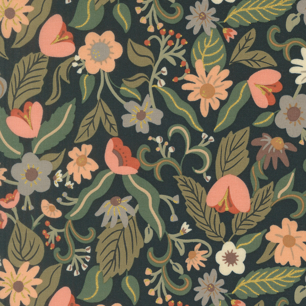 Sunlit Ruins Metallic Nightfall Violet Haze Floral Cotton Fabric by Jessica Rose for Moda Quilting