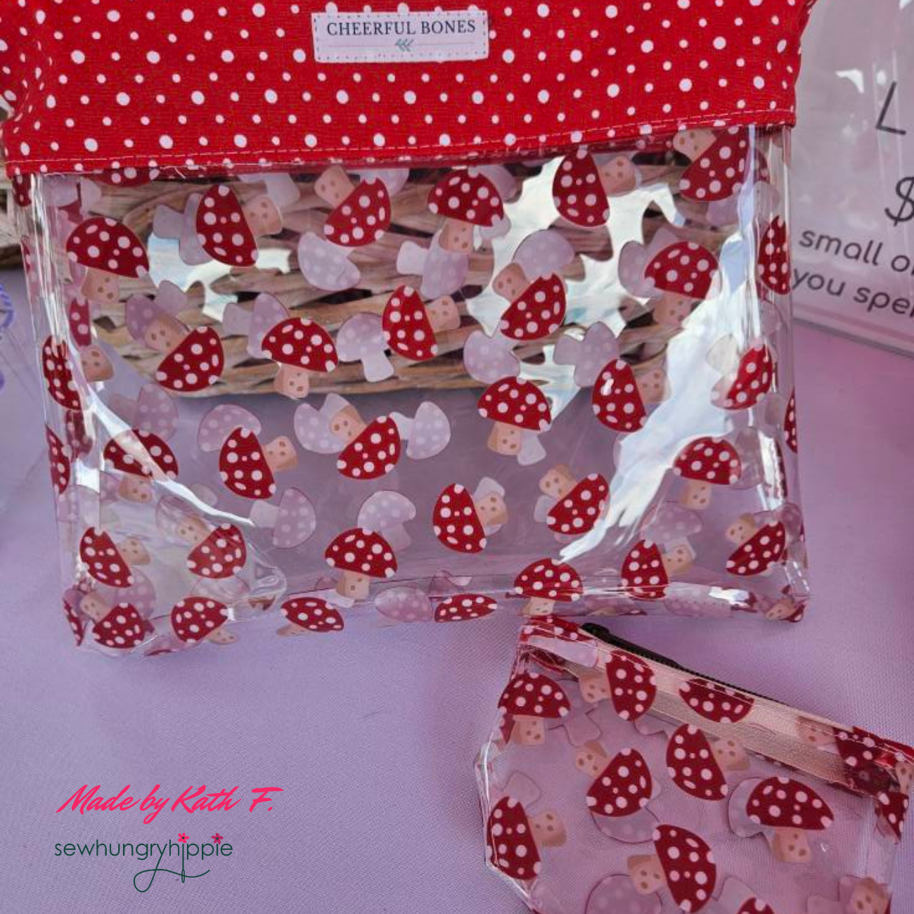clear vinyl pouch with cute mushroom print for makeup and travel storage