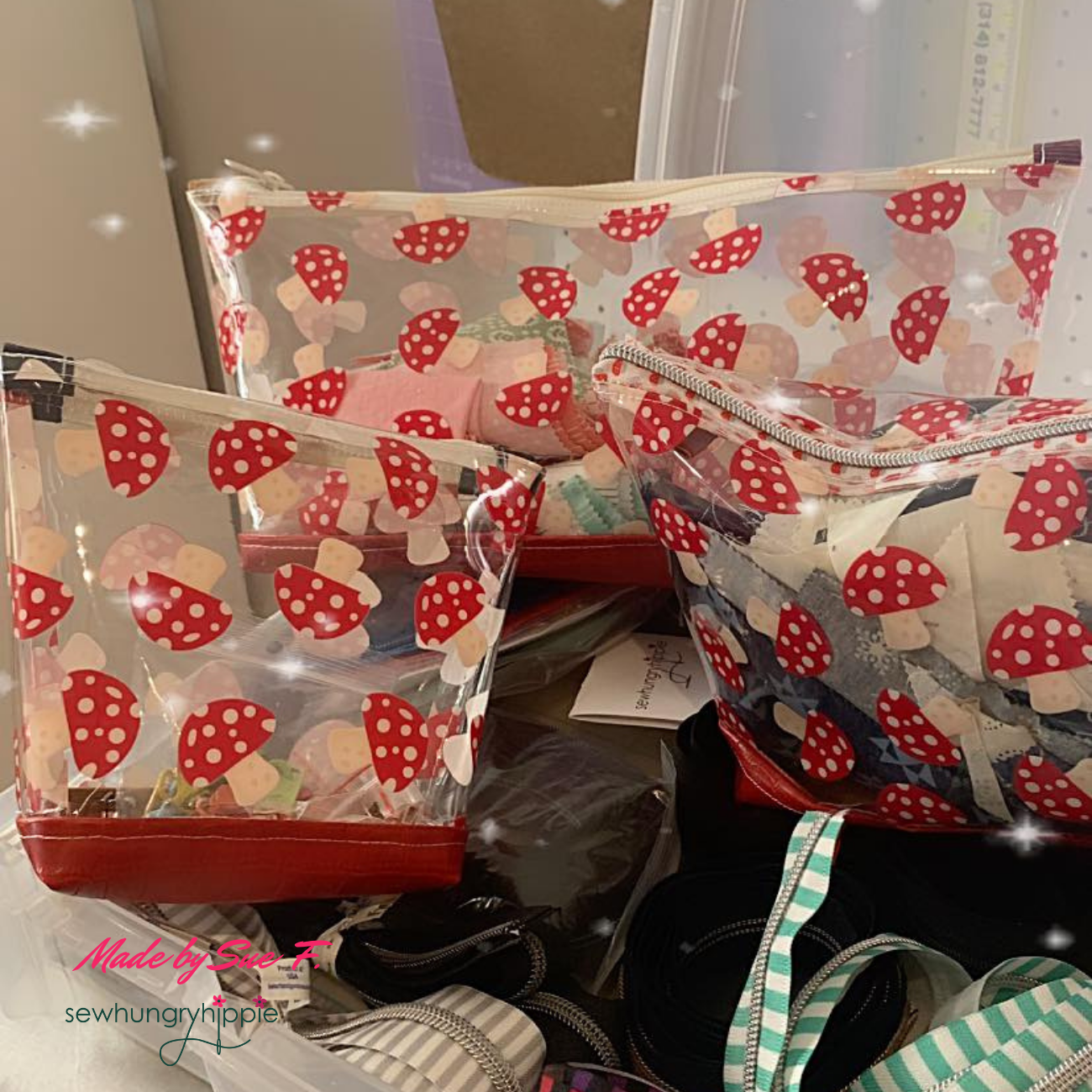 clear vinyl pouch with cute mushroom print for organizers and travel pouch