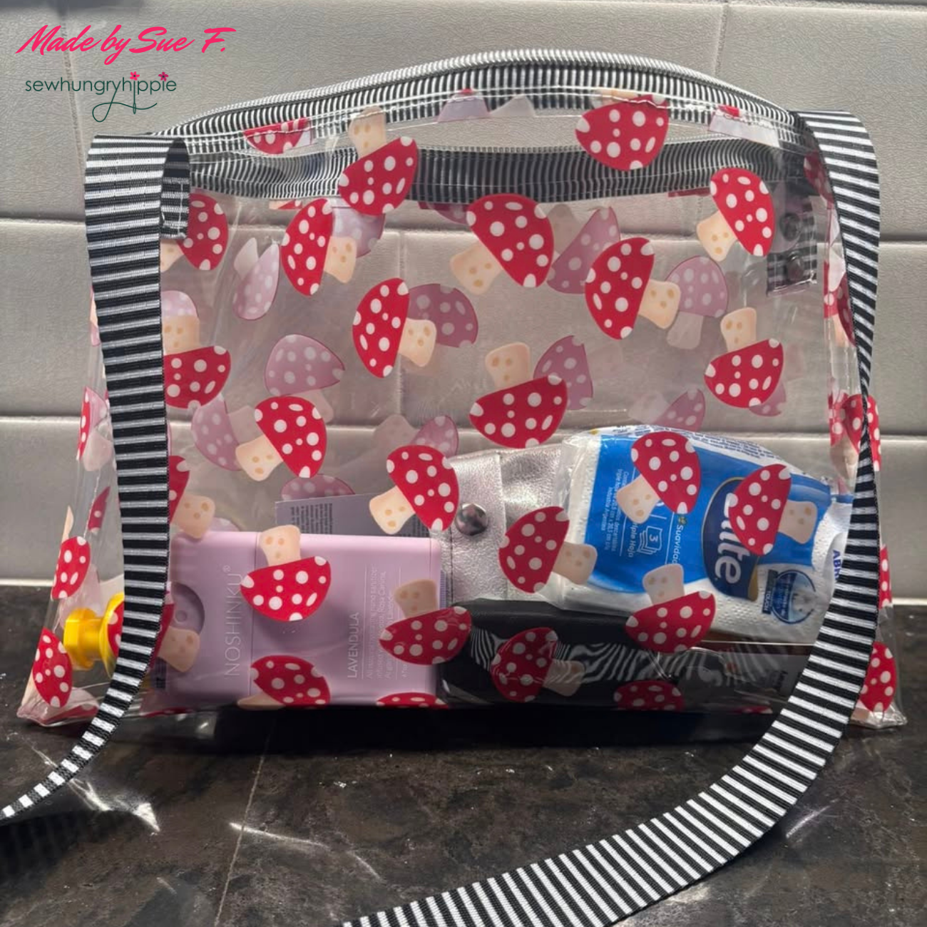 handmade bag using red mushroom transparent vinyl fabric for accessories