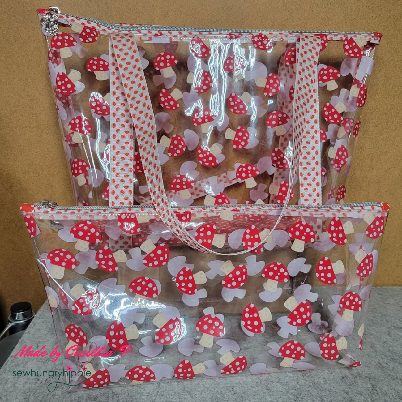 tote and make up bag created with cute red white mushroom TPU vinyl