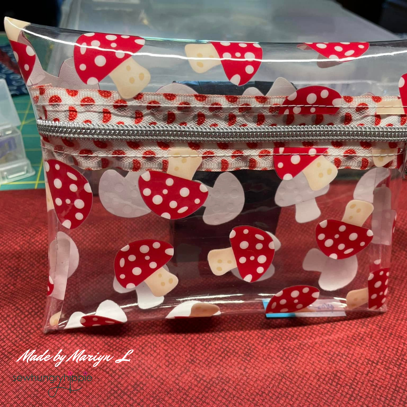 clear vinyl pouch with cute mushroom print for coins and make ups