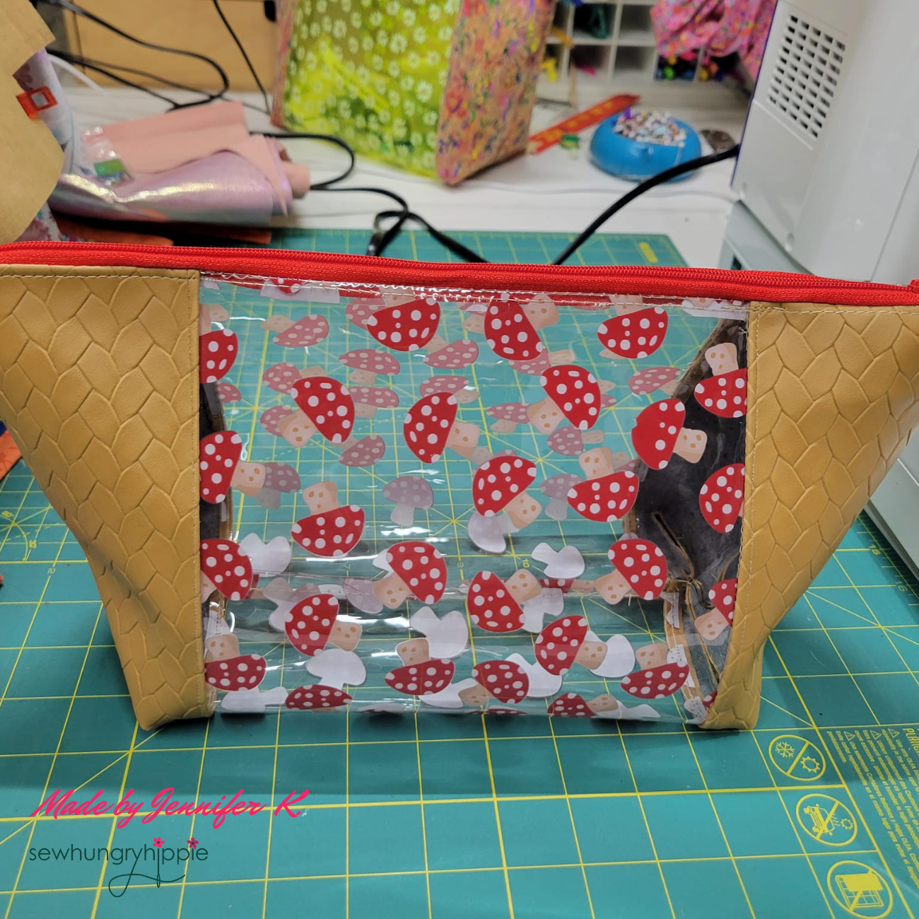 clear vinyl pouch with cute mushroom print for makeup and travel storage