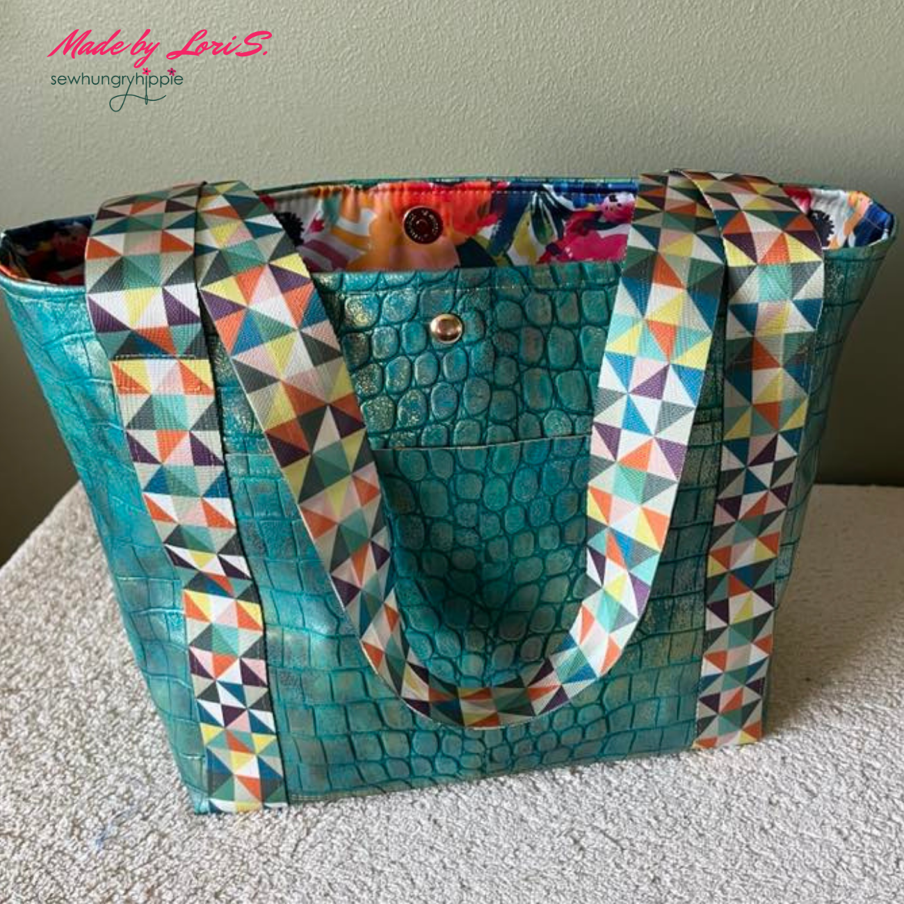 Finished Santorini Tote Hack using Mystic Croc Teal Faux Leather Vinyl 
