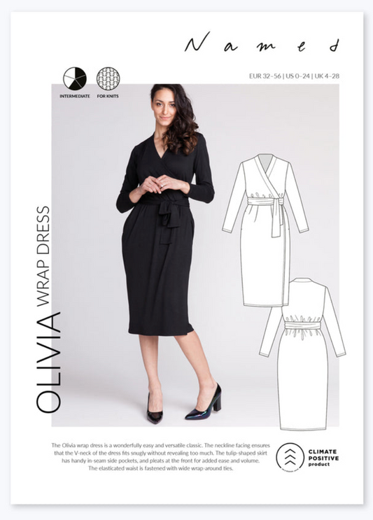 Olivia wrap dress sewing pattern cover with a model wearing the dress on a white background