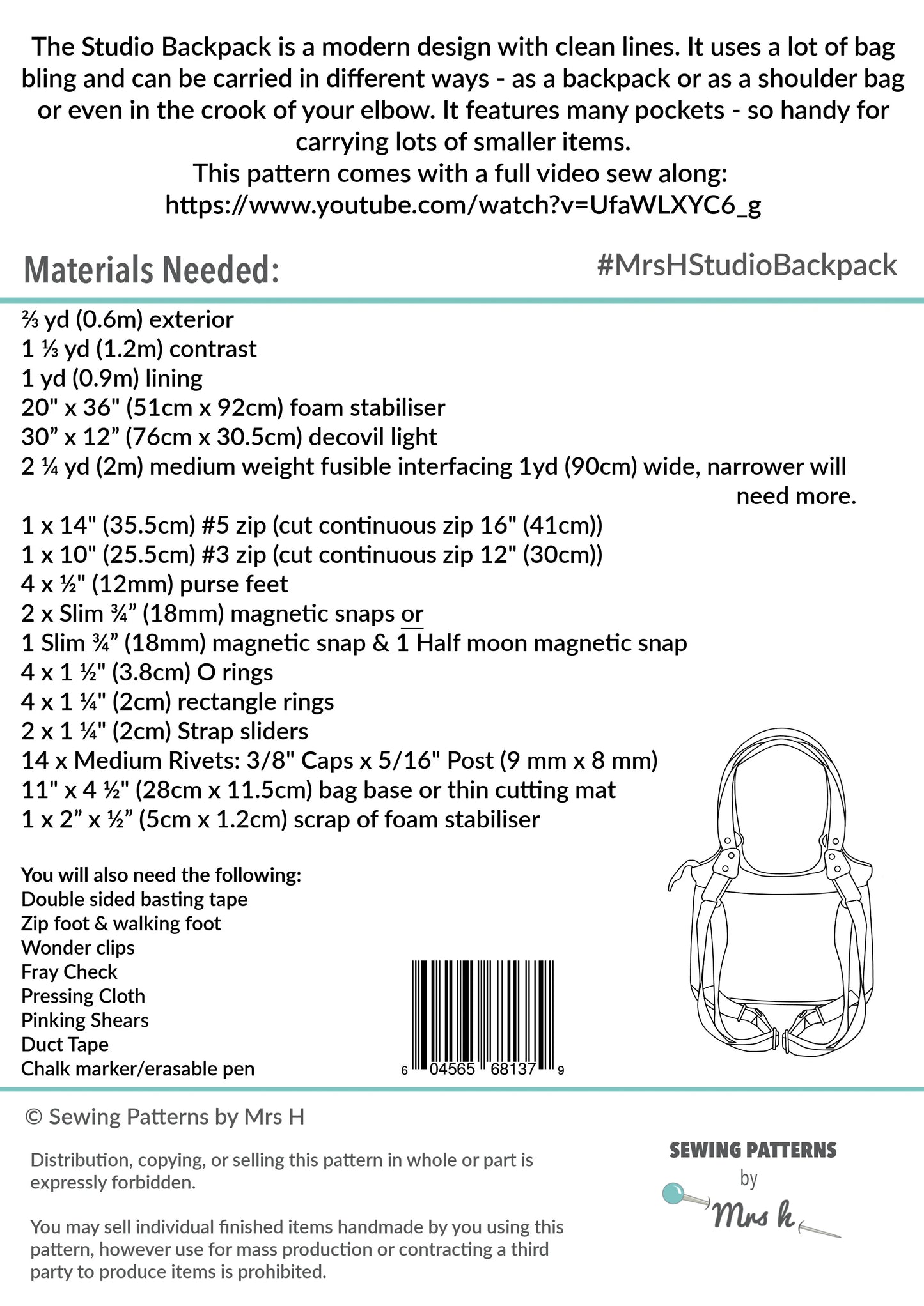 Studio Backpack Sewing Pattern by Mrs H - Printed Paper Pattern