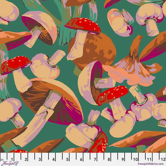Detailed green mushroom medley fabric by Martha Negley for FreeSpirit Fabrics Forage collection
