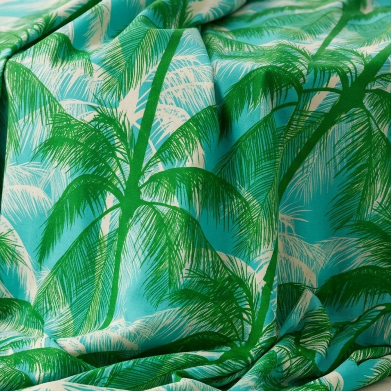 Close-up detail of tropical palm leaf print fabric with lush green foliage on aqua cotton background, showcasing fine linework, vibrant tropical colors, and modern botanical design for quilting, fashion sewing, and handmade crafts.