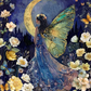Fantasy artwork of a fairy with large green and blue wings, wearing a flowing blue gown, standing in a field of white and yellow flowers under a crescent moon and dark blue night sky.