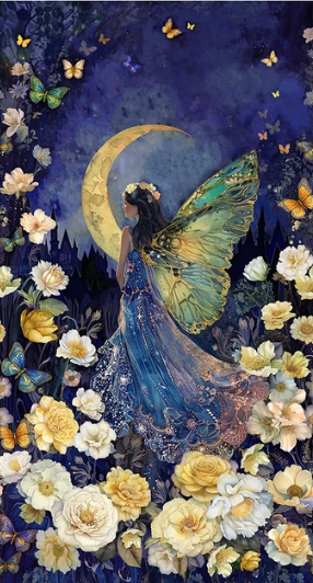 Fantasy artwork of a fairy with large green and blue wings, wearing a flowing blue gown, standing in a field of white and yellow flowers under a crescent moon and dark blue night sky.