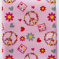 Pink canvas fabric featuring a retro floral peace sign pattern with red hearts and smiley face flowers.