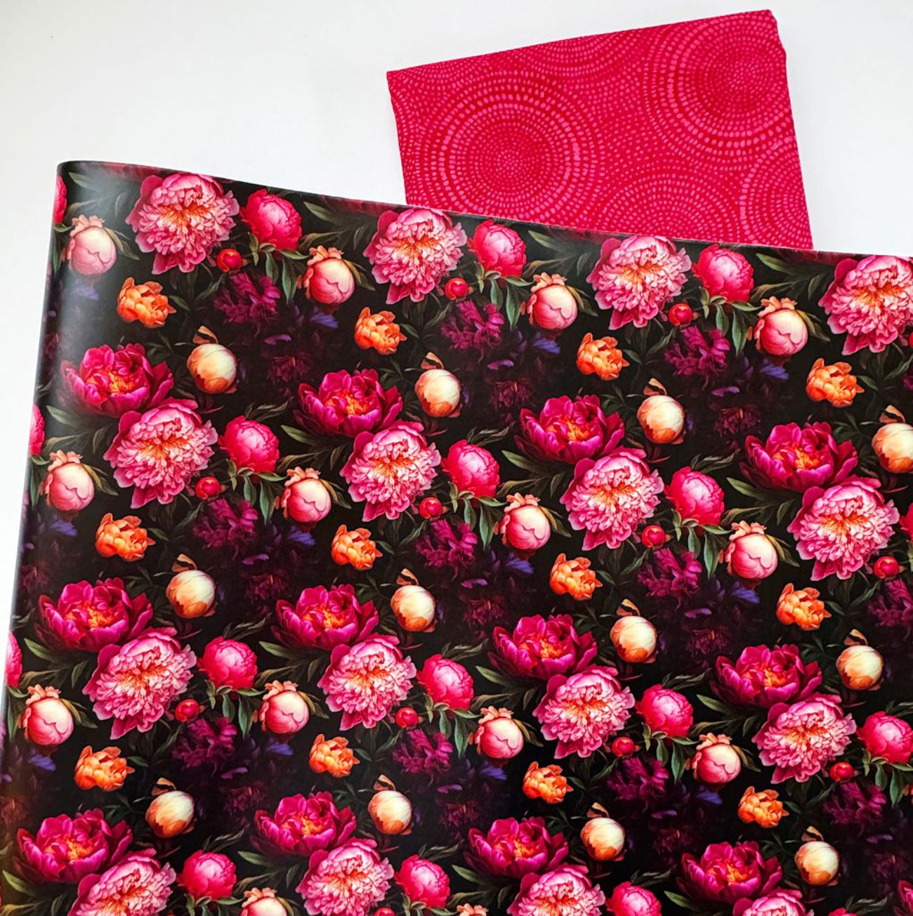 peonies in black soft vinyl with radiance quilt fabric blender in watermelon bundle for floral bag making projects