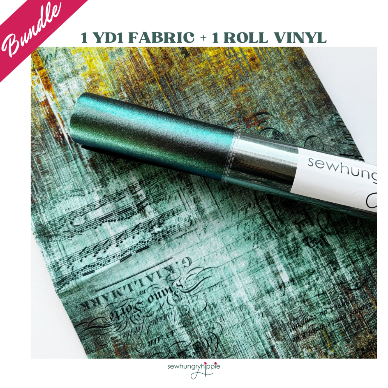 Vintage-style sheet music canvas fabric in distressed teal and yellow, paired with a roll of iridescent metallic teal faux leather vinyl.