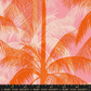 A bright tropical quilting cotton featuring "Poolside Palms." The design showcases vibrant orange palm tree fronds layered with light pink and cream silhouettes on a warm pink background.