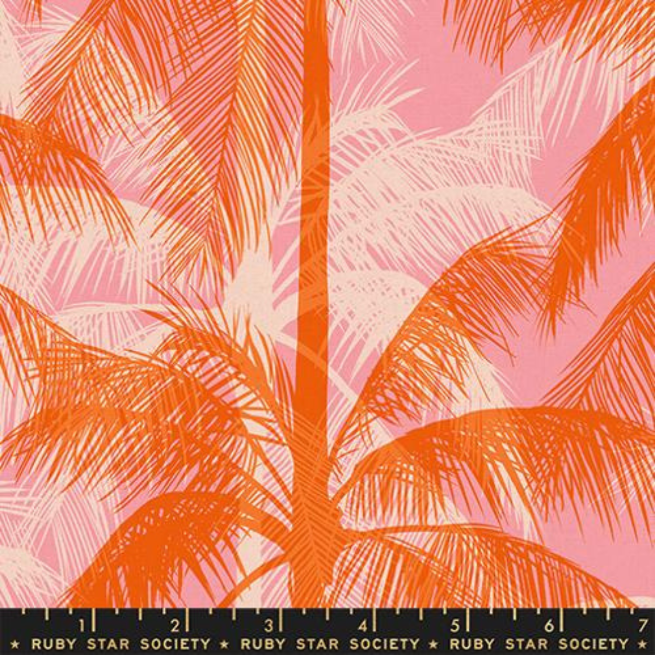 A bright tropical quilting cotton featuring "Poolside Palms." The design showcases vibrant orange palm tree fronds layered with light pink and cream silhouettes on a warm pink background.