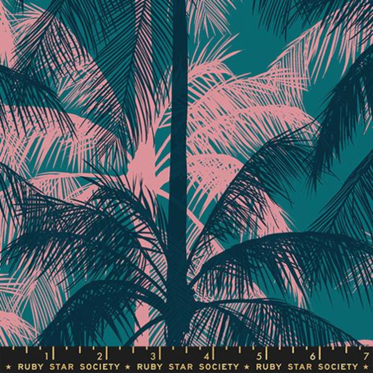 Ruby Star Society Poolside Too Palms cotton linen canvas fabric in Turquoise and Pink.